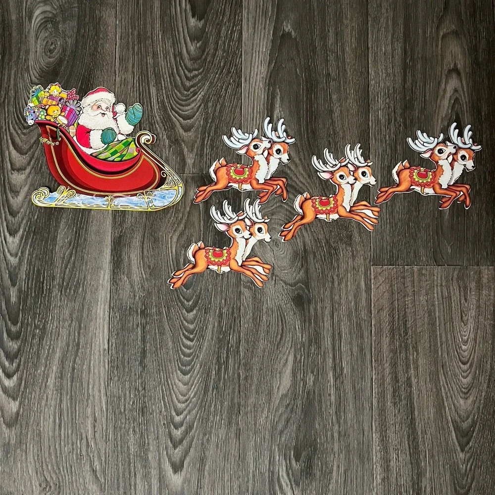 Vintage Beistle Santa Claus Sleigh & Reindeer Christmas Die Cut Decoration 5 Pc